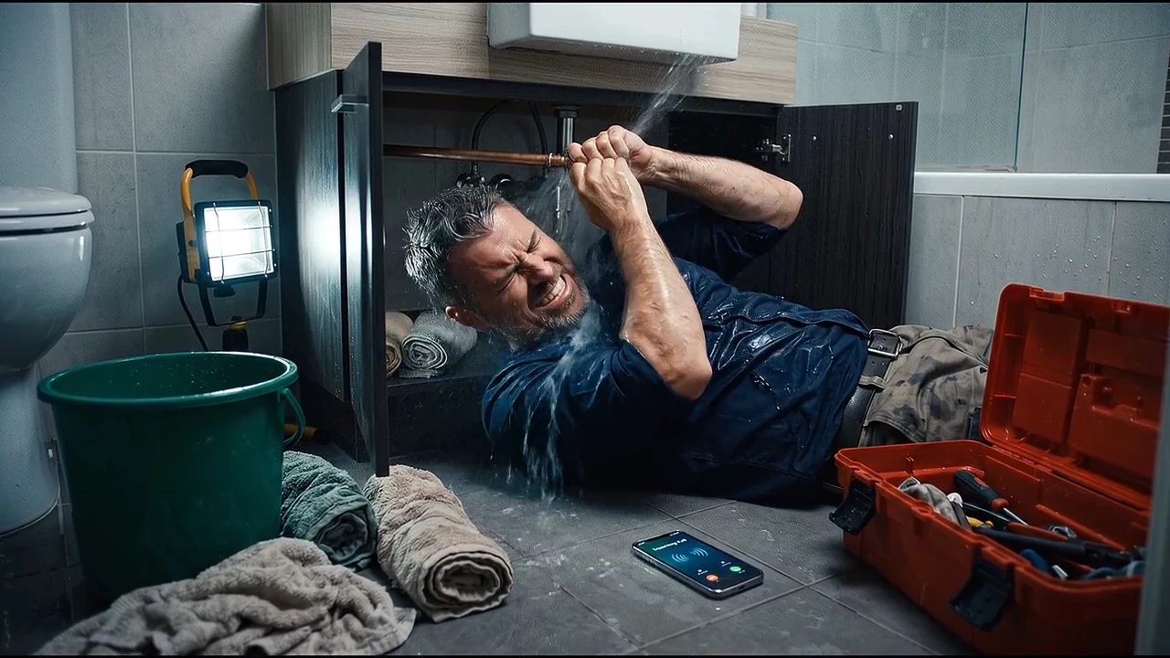 A plumber working carefully beneath a residential kitchen sink.