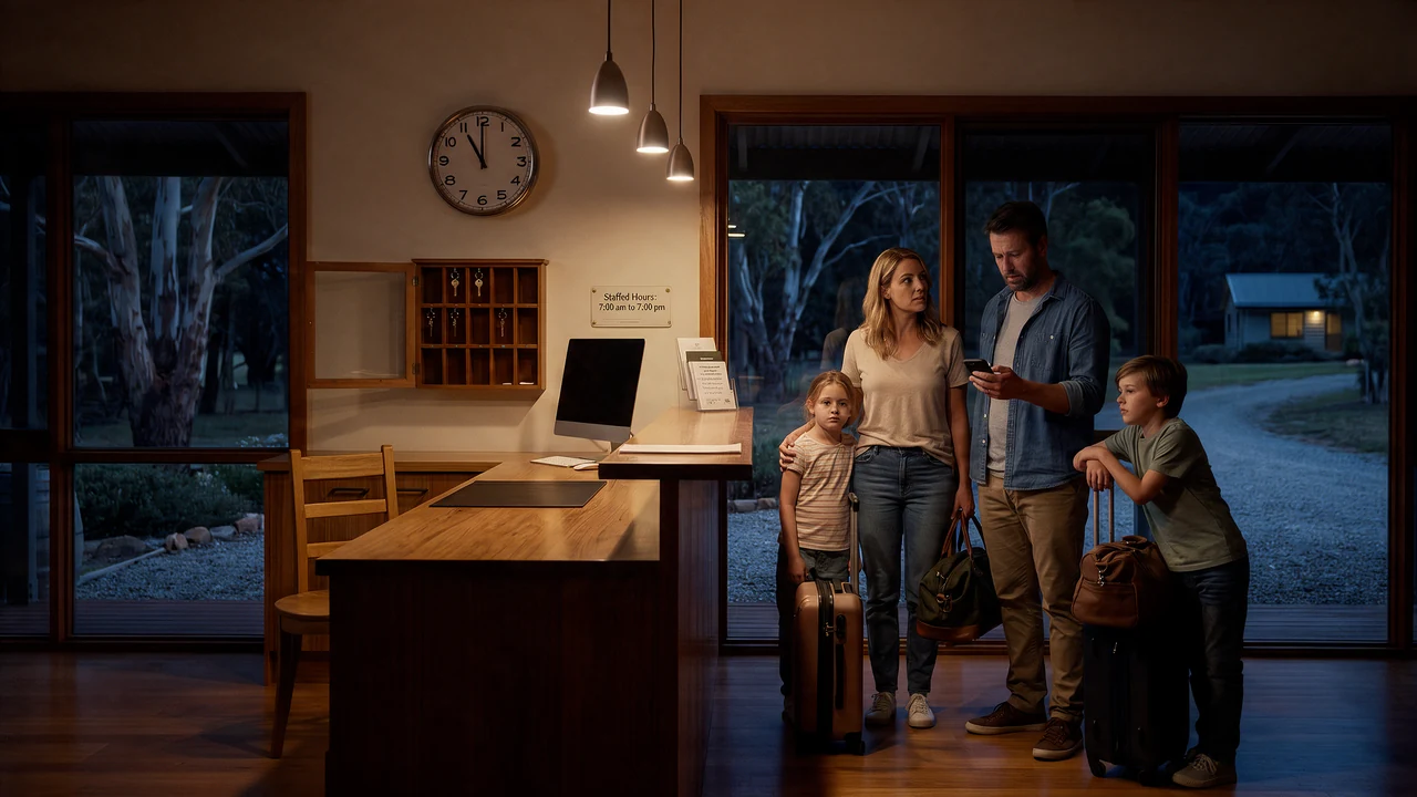 A family arriving at an unattended accommodation reception after dark.