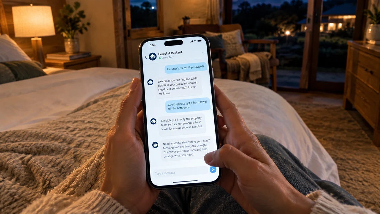 A customer using a smartphone messaging interface in a warmly lit room at night.